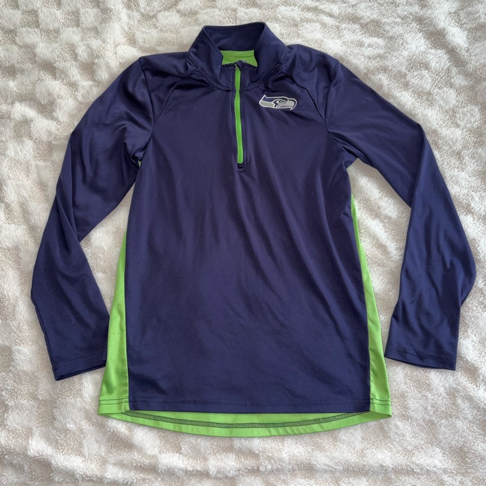 Kids NFL Seattle Seahawks Blue and Green Quarter-Zip Pullover Top • Size XL (18)